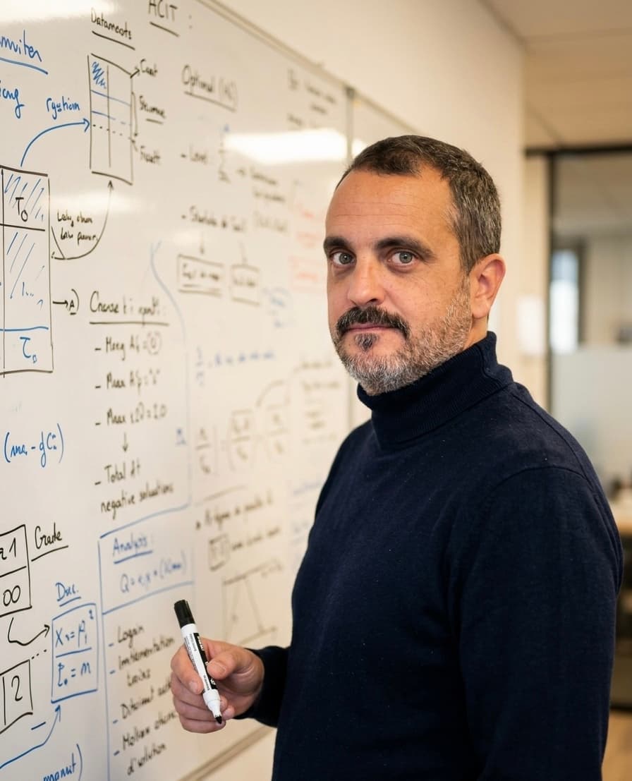 Jean-Baptiste Vrain devant un tableau de cadrage projet web