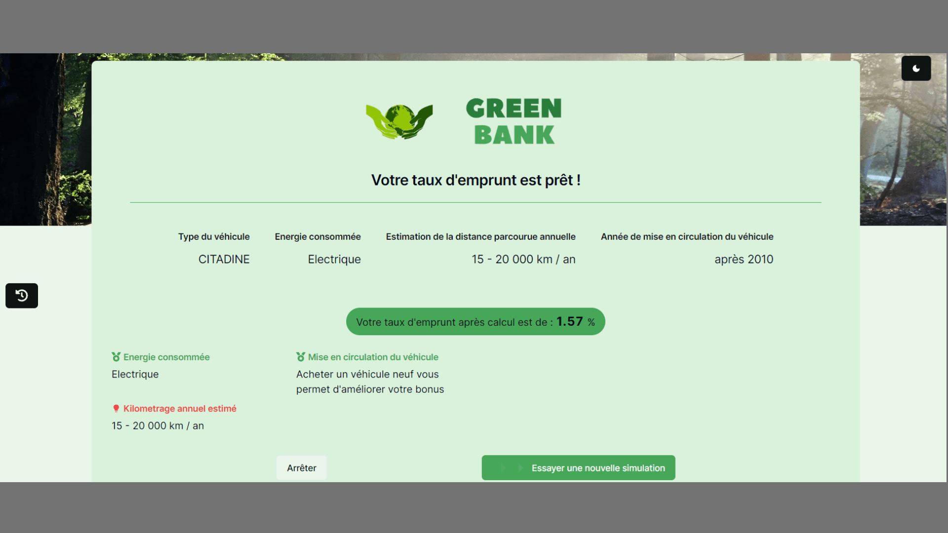 Interface Green Bank réalisée pendant le hackathon Asynconf